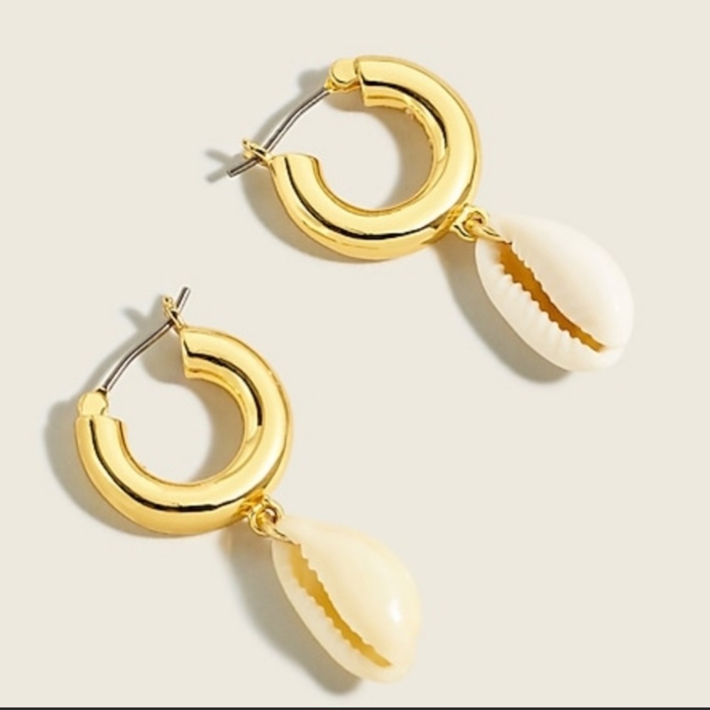 NWT J. Crew Women's Cowrie Shell Drop Huggie Hoop Earrings Gold - Picture 1 of 2